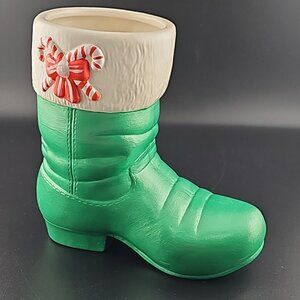 Santa Handpainted Ceramic Green Boot Vase Candleholder Candy Decor 5" Holiday